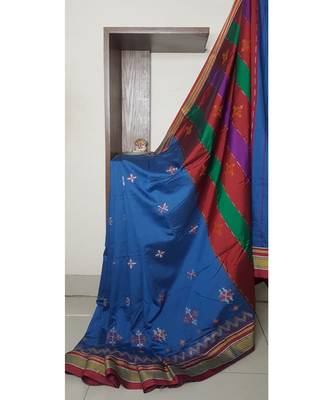 blue blended cotton embroidered   saree with blouse 1