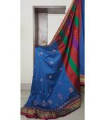 blue blended cotton embroidered   saree with blouse