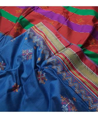 blue blended cotton embroidered   saree with blouse 3