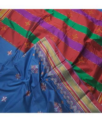 blue blended cotton embroidered   saree with blouse 4