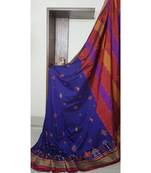 blue blended cotton embroidered   saree with blouse
