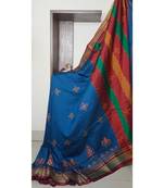 blue blended cotton embroidered   saree with blouse