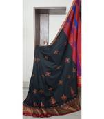 black blended cotton embroidered   saree with blouse