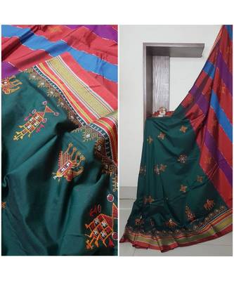 green blended cotton embroidered   saree with blouse 2