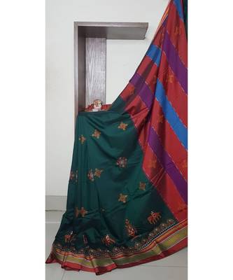 green blended cotton embroidered   saree with blouse 1