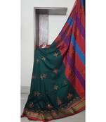 green blended cotton embroidered   saree with blouse