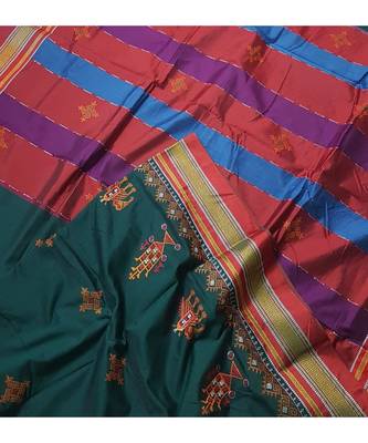 green blended cotton embroidered   saree with blouse 3