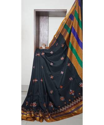 black blended cotton embroidered   saree with blouse 1