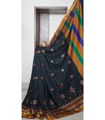 black blended cotton embroidered   saree with blouse