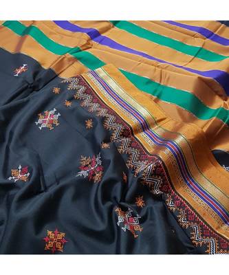 black blended cotton embroidered   saree with blouse 3