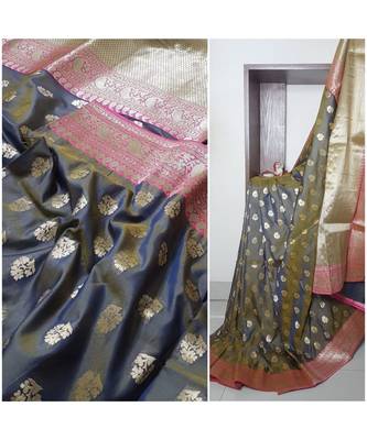 grey banarasi brocade woven   saree with blouse 2