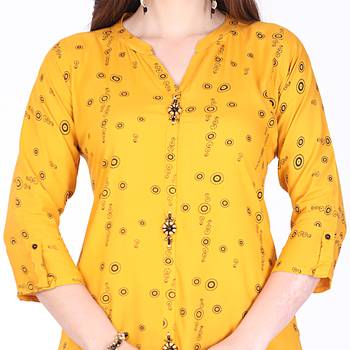 Yellow printed rayon ethnic-kurtis 4