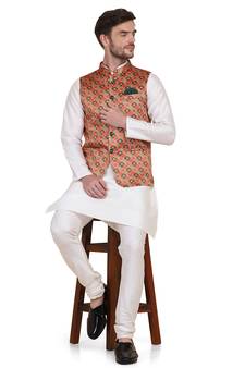 Orange printed satin kurta-pajama