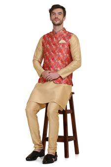 Red printed silk blend kurta-pajama
