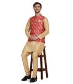 Red printed silk blend kurta-pajama