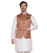 Orange printed satin nehru-jacket