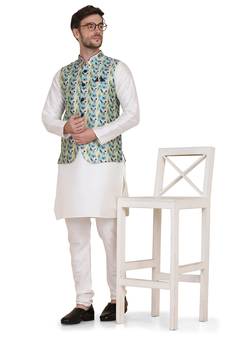 Blue printed silk blend kurta-pajama