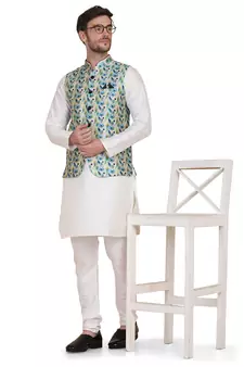 Blue printed silk blend kurta-pajama