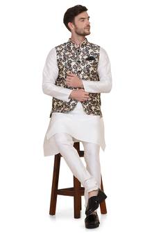 Beige printed silk blend kurta-pajama