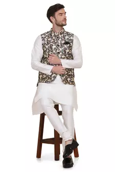 Beige printed silk blend kurta-pajama
