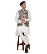 Beige printed silk blend kurta-pajama