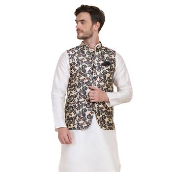Beige printed silk blend nehru-jacket 1