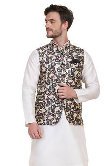 Beige printed silk blend nehru-jacket