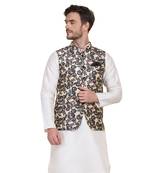Beige printed silk blend nehru-jacket