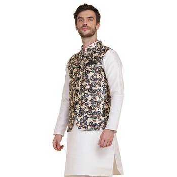 Beige printed silk blend nehru-jacket 2