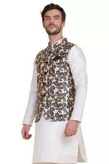 Beige printed silk blend nehru-jacket