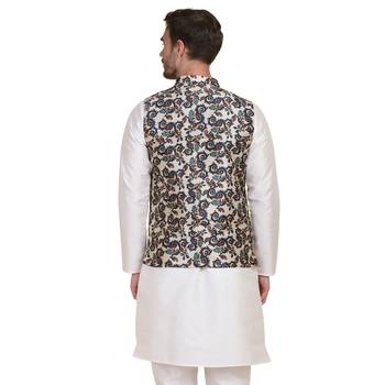 Beige printed silk blend nehru-jacket 3