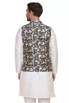 Beige printed silk blend nehru-jacket