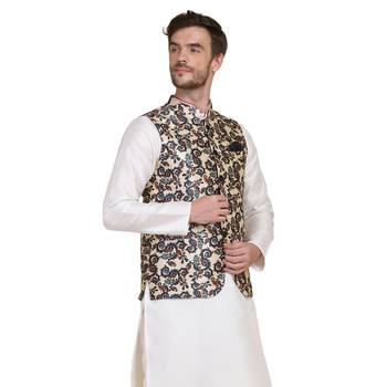 Beige printed silk blend nehru-jacket 4