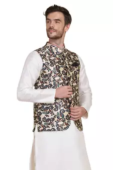 Beige printed silk blend nehru-jacket