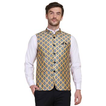 Yellow printed silk blend nehru-jacket 1