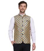 Yellow printed silk blend nehru-jacket