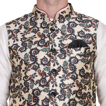 Beige printed silk blend nehru-jacket 5