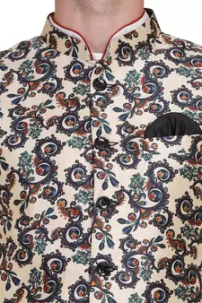Beige printed silk blend nehru-jacket