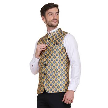 Yellow printed silk blend nehru-jacket 2