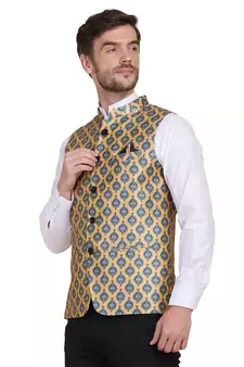Yellow printed silk blend nehru-jacket