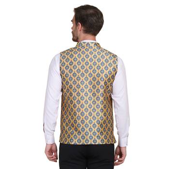 Yellow printed silk blend nehru-jacket 3