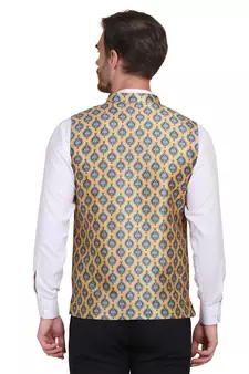 Yellow printed silk blend nehru-jacket