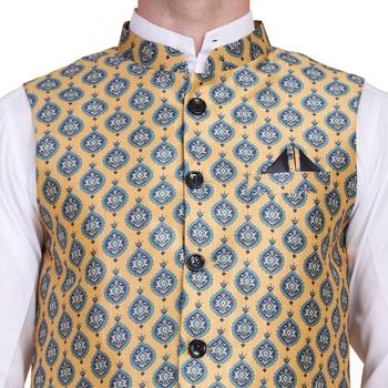 Yellow printed silk blend nehru-jacket 4