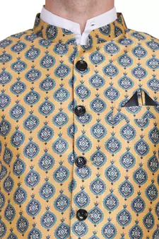 Yellow printed silk blend nehru-jacket