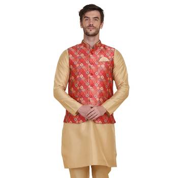 Red printed silk blend nehru-jacket 1