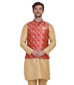 Red printed silk blend nehru-jacket
