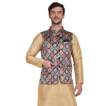 Brown printed satin nehru-jacket 1