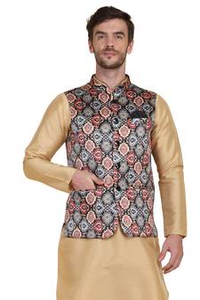Brown printed satin nehru-jacket