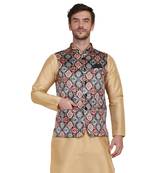 Brown printed satin nehru-jacket