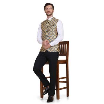 Yellow printed silk blend nehru-jacket 5